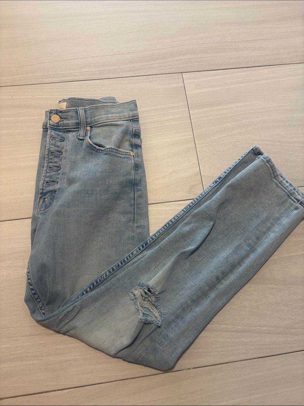 MOTHER Light Blue Skinny Jeans with Knee Distress